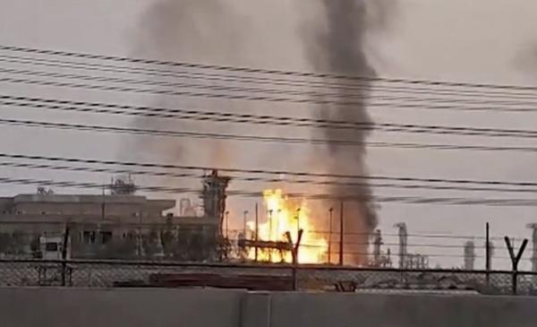 A refinery in Iran's South Pars gas field engulfed in flames after Israeli airstrike, June 14, 2025.