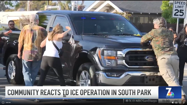 Residents from San Diego neighborhood block ICE van from leaving.