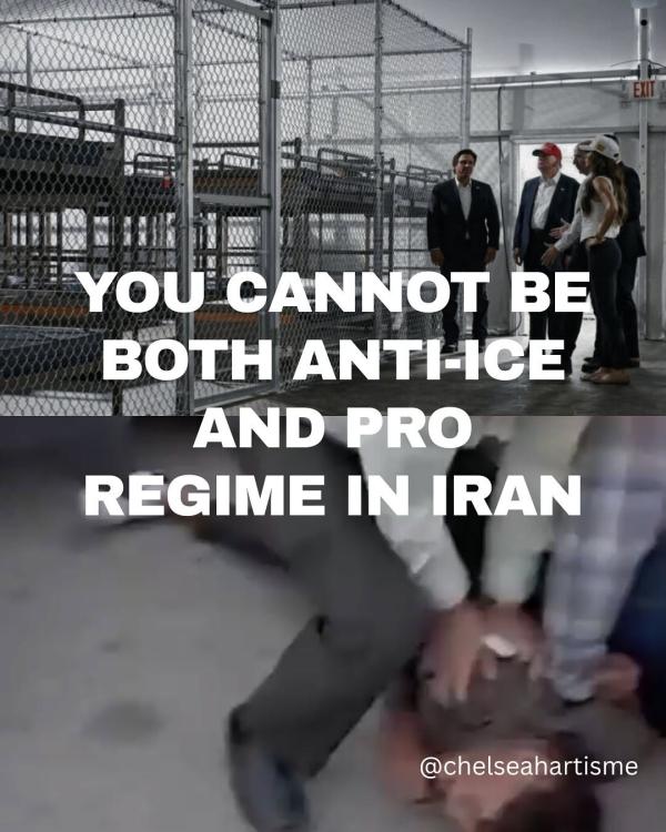 Juxtaposed photos of Trump’s visit to Alligator Alcatraz and Iranian plainclothes agents breaking the neck of an Afghan teen during an immigration raid.