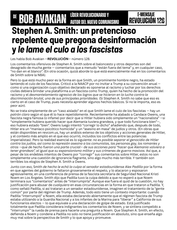 Bob Avakian Official Revolution 128 front Spanish