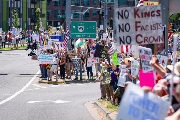 Crowded corners of protestors in Eugene, Oregon, July 4, 2025.