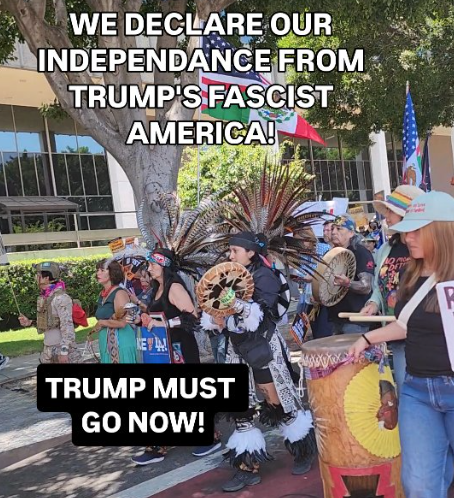 Indigenous dancers participate in protest in Los Angeles, July 4, 2025.