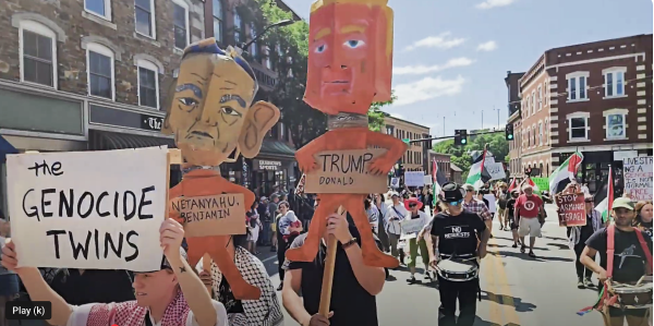 In Brattleboro, Vermont, the genocide twins, puppets, Trump and Netanyahu, in the July 4 parade.