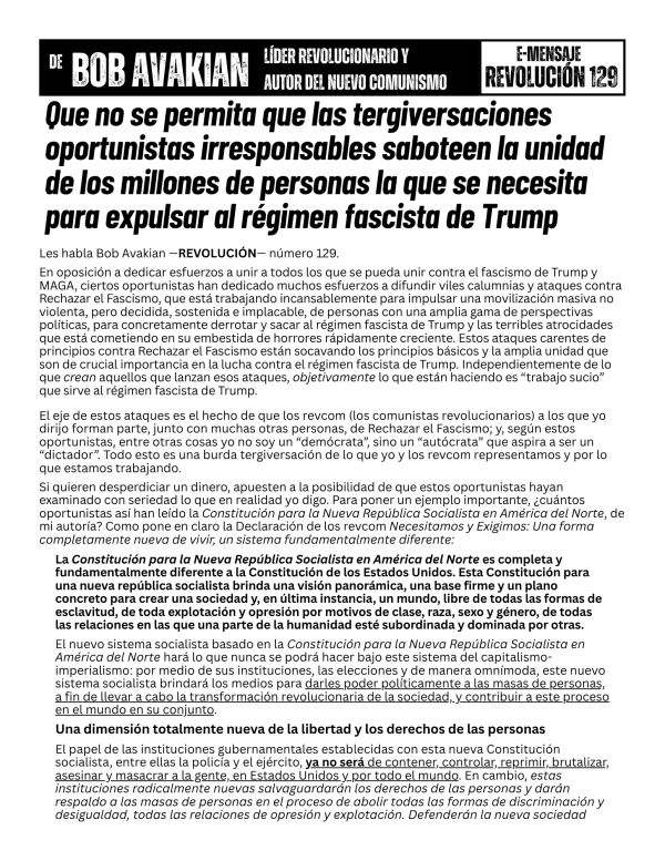 Bob Avakian Official Revolution 129 front Spanish