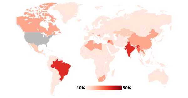 Map showing countries by tariffs imposed on them by the U.S. (from 10% to 50%) by the fascist Trump regime, as of August 1, 2025.