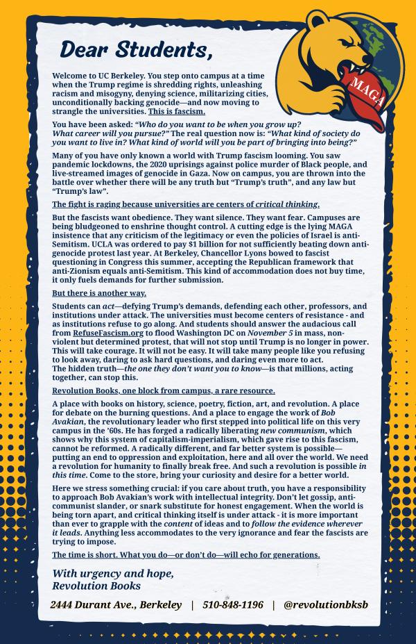Letter to students from Revolution Books Berkeley