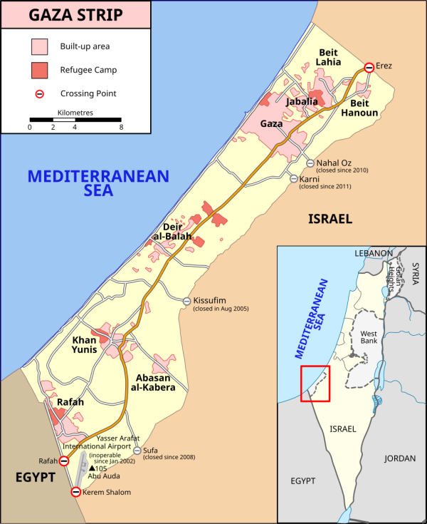 Map of Gaza Strip showing built up areas, and refugee camps, with locator map.
