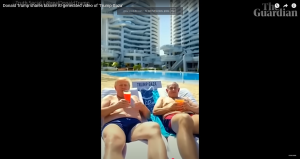 Screengrab of Trump and Netanyahu sharing cocktails in imagined Riviera Gaza.