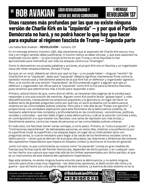 Bob Avakian Official Revolucion #137 front Spanish