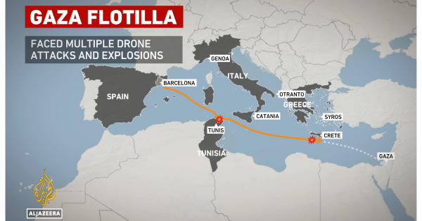 Screengrab from Al Jazeera of map of Global Sumud Flotilla