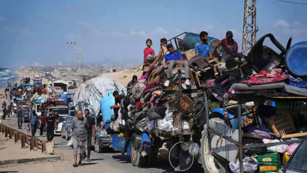 Displaced Palestinians flee along coastal road toward southern Gaza with no place to go, September 9, 2025.