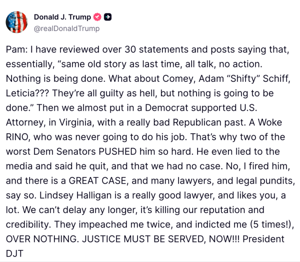 Image of Trump's Truth Social post to Pam Bondi 