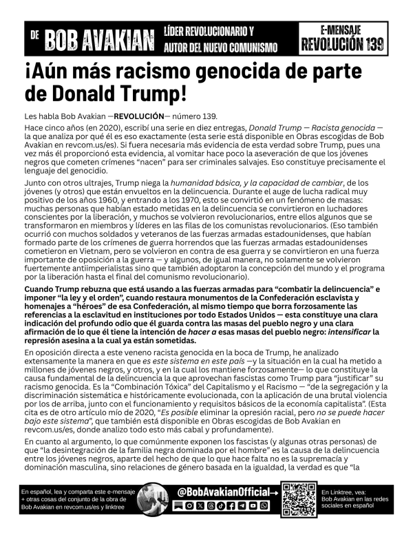 Bob Avakian Official Revolucion #139 front Spanish
