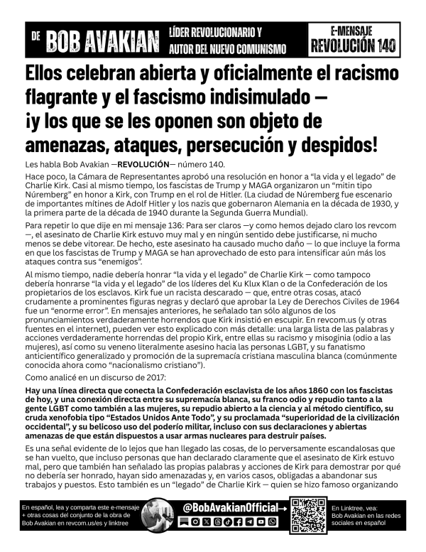 Bob Avakian Official Revolucion #140 front Spanish