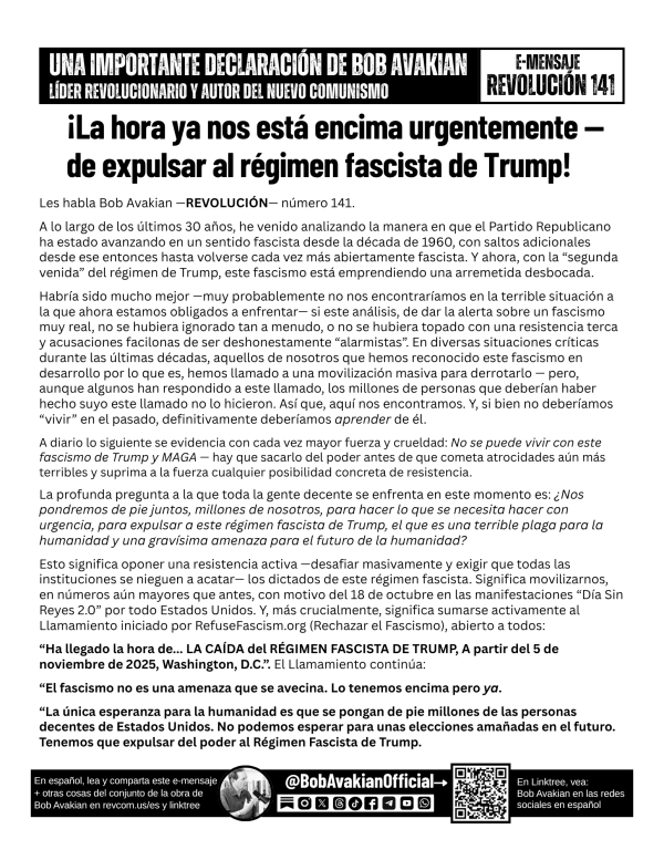 Bob Avakian Official Revolución #141 flyer Spanish letter
