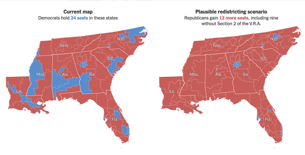Map showing projection of effect of redistricting.