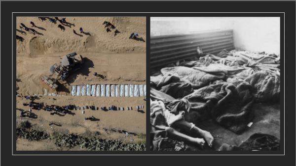 Left, Gaza 2025.  Right, Auschwitz, 1945.