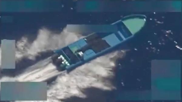 Boat in Caribbean shortly before it is hit by U.S. strike, October 21, 2025.