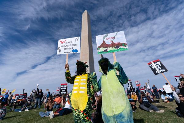 Two people in costume at Washington Monument for Refuse Fascism November 5