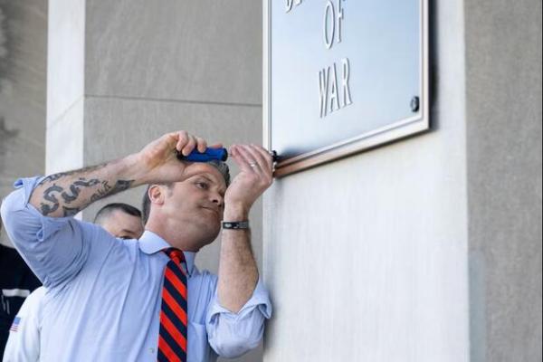 Pete Hegseth changes the building plaque to the "Department of War." 