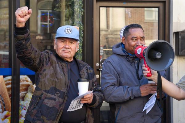When Trump Must Go Now march by, two guys take up the chants, November 8, 2025.