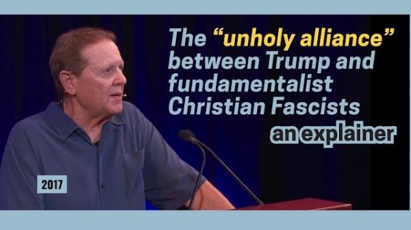 Splash graphic of Bob Avakian excerpt "The 'unholy alliance' between Trump and fundamentalist Christian Fascists, an explainer