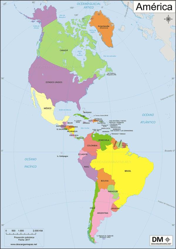 Mapa político de América del norte y sud.