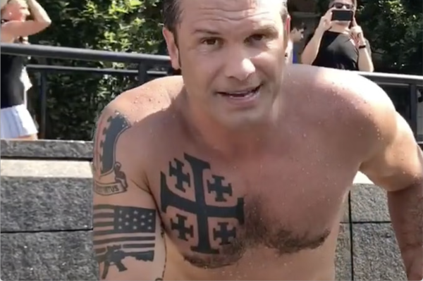 Pete Hegseth has “Deus Vult!” tattooed on his shoulder, a widely popular tattoo among white supremacist groups.