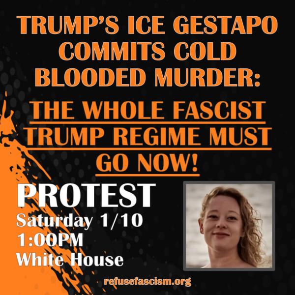 Refuse Fascism protest graphic with image of Renee Good.