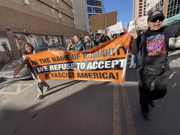 Refuse Fascism banner leads thousands in ICE protest in Albuquerque, NM, January 30, 2026.