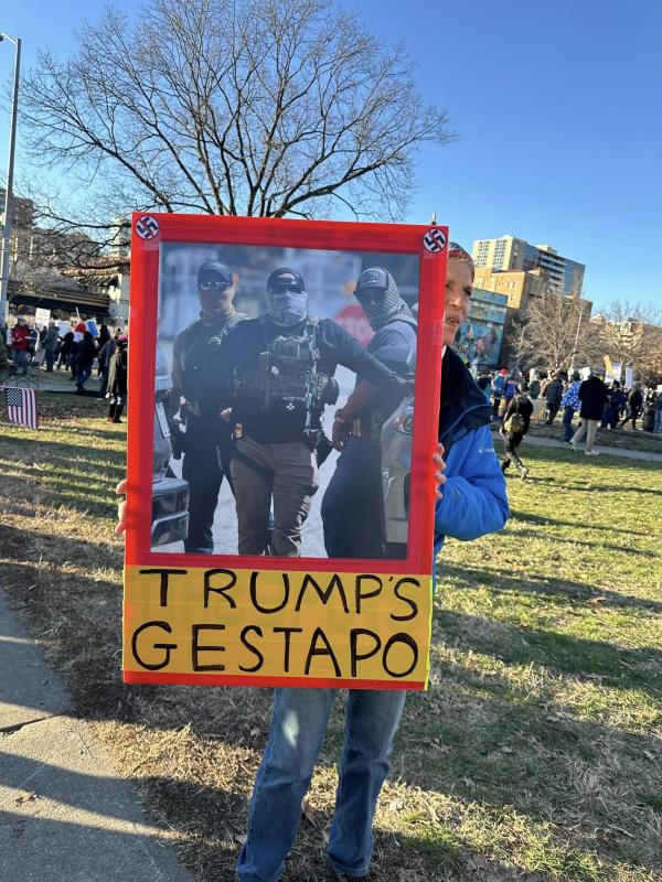 Sign in Kansas City, Missouri protest picture of ICE agents "Trump's Gestapo".