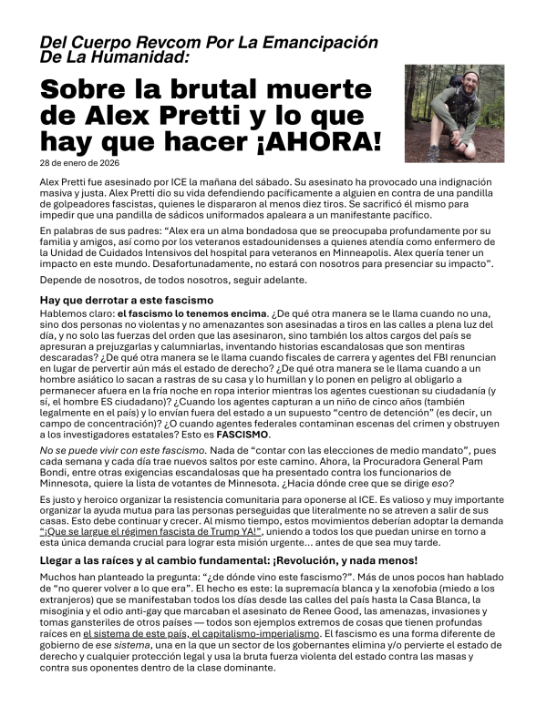 Front of leaflet in Spanish: Sobre la brutal muerte de Alex Pretti y lo que hay que hacer ¡AHORA!