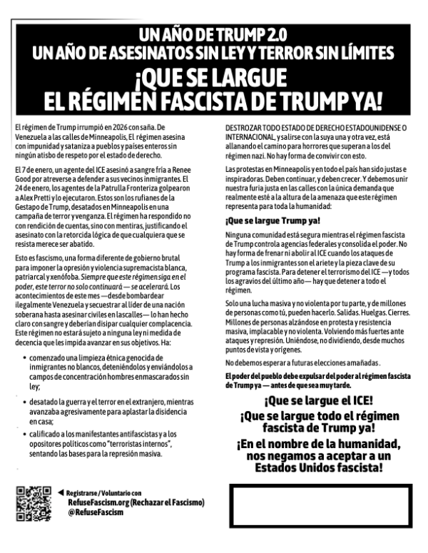 January 20 2026 Refuse Fascism flyer - Spanish