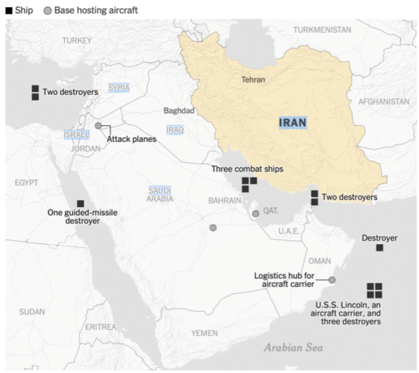 Map of US military forces around Iran
