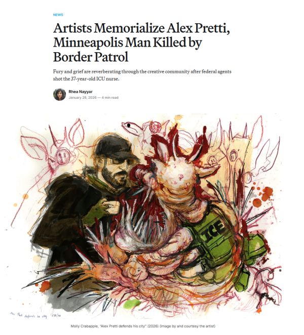 Painting of Alex Pretti by Molly Crabapple. Screenshot from Hyperallergic