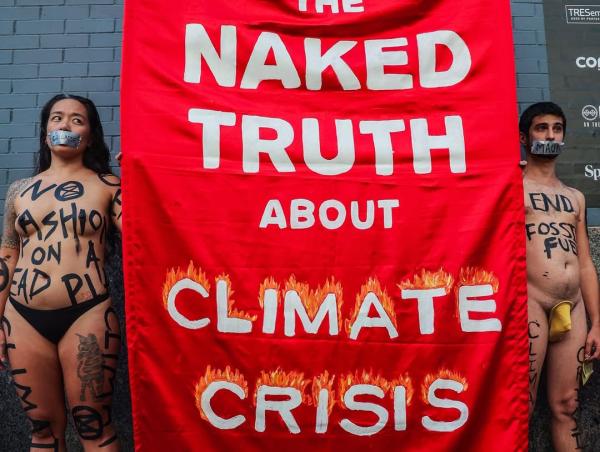 Extinction Rebellion protesters, unclothed, at New York Fashion Week, September 2023. 