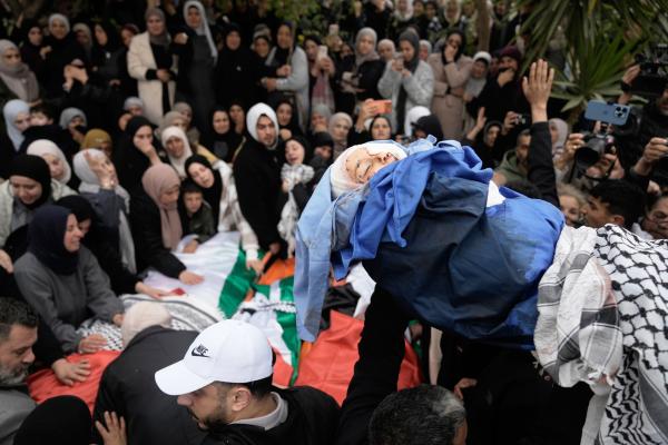 At the funeral of four family members who were killed in their car by Israeli security forces in the West Bank, March 15, 2026.