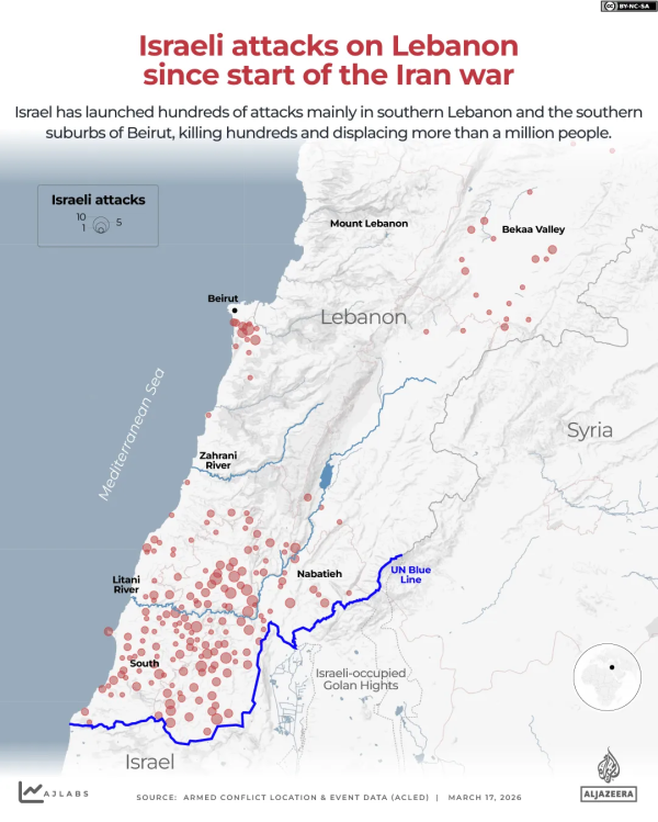Map of southern Lebanon showing where Israel has attacked from start of war to March 17, 2026.