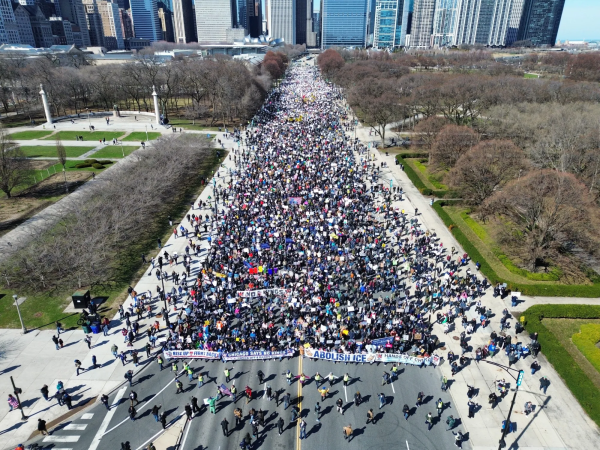 Chicago overhead view of mile long protest on No Kings Day, March 28, 2026.