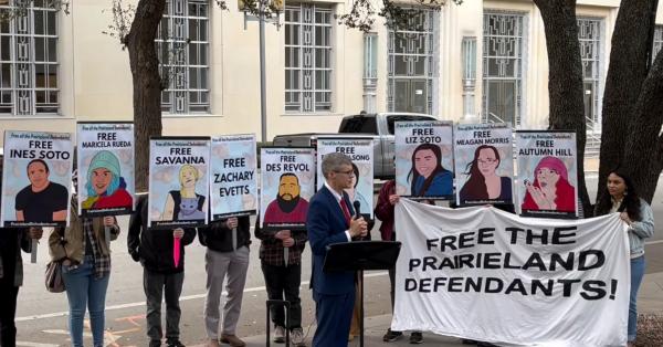 Screengrab from rally in support of the Prairieland Defendants, February 17, 2026