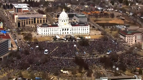 Aerial shot of No Kings rally in St. Paul, Minnesota, March 28, 2026.