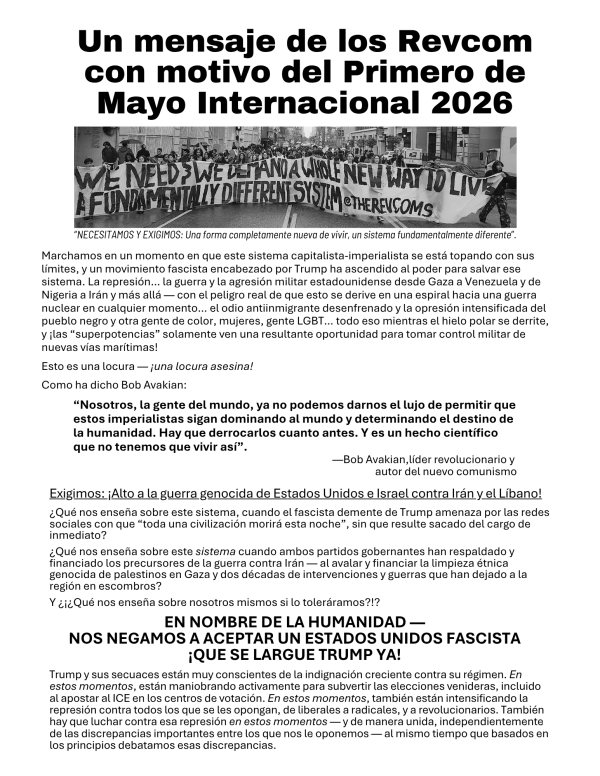 Message from the Revcoms for International May Day 2026