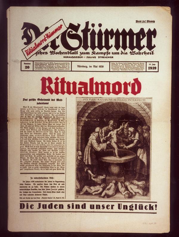 Der Stuermer, newspaper of the Nazis in Germany, May 1939, showing depiction of blood libel murder