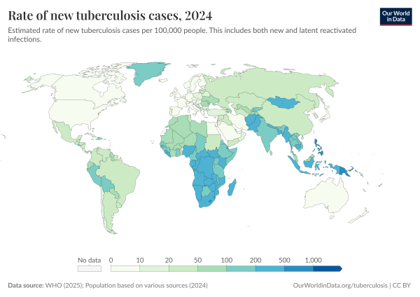 World map showing new tuberculosis cases by country in 2024.