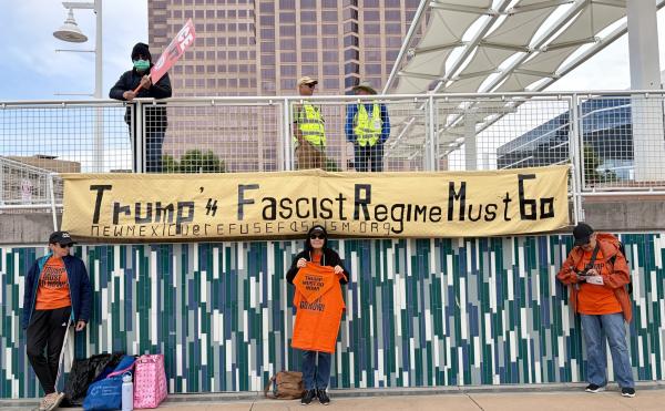 Refuse Fascism banner in Albuquerque, NM, on May 1, 2026.