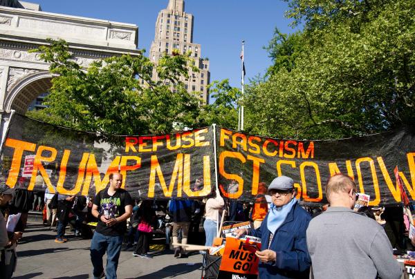 Refuse Fascism banner at New York City May Day, May 1, 2026.
