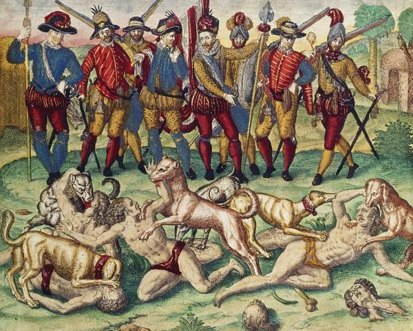 Christopher Columbus used dogs as weapons here they attack Indians 1500s .