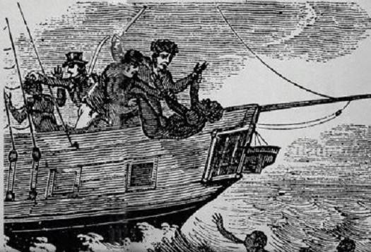 British sailors throw sick captured Africans overboard during the Middle Passage, 1781.