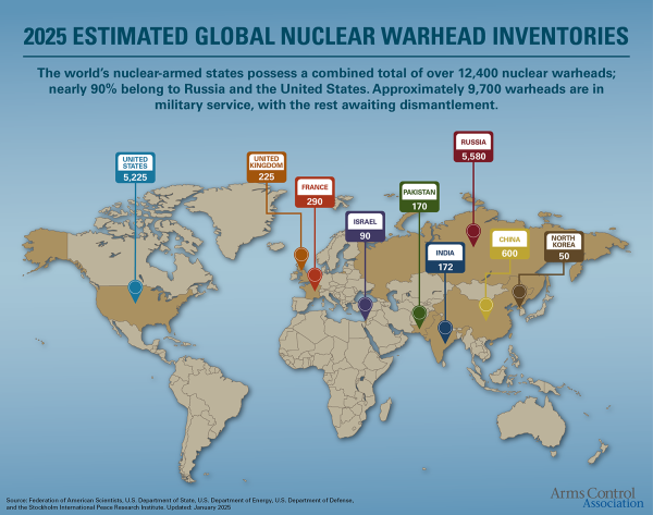 2025 Map showing nuclear warhead inventories around the world.