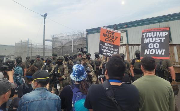 Refuse Fascism protests ICE at Delaney Hall detention center, June 6, 2026.